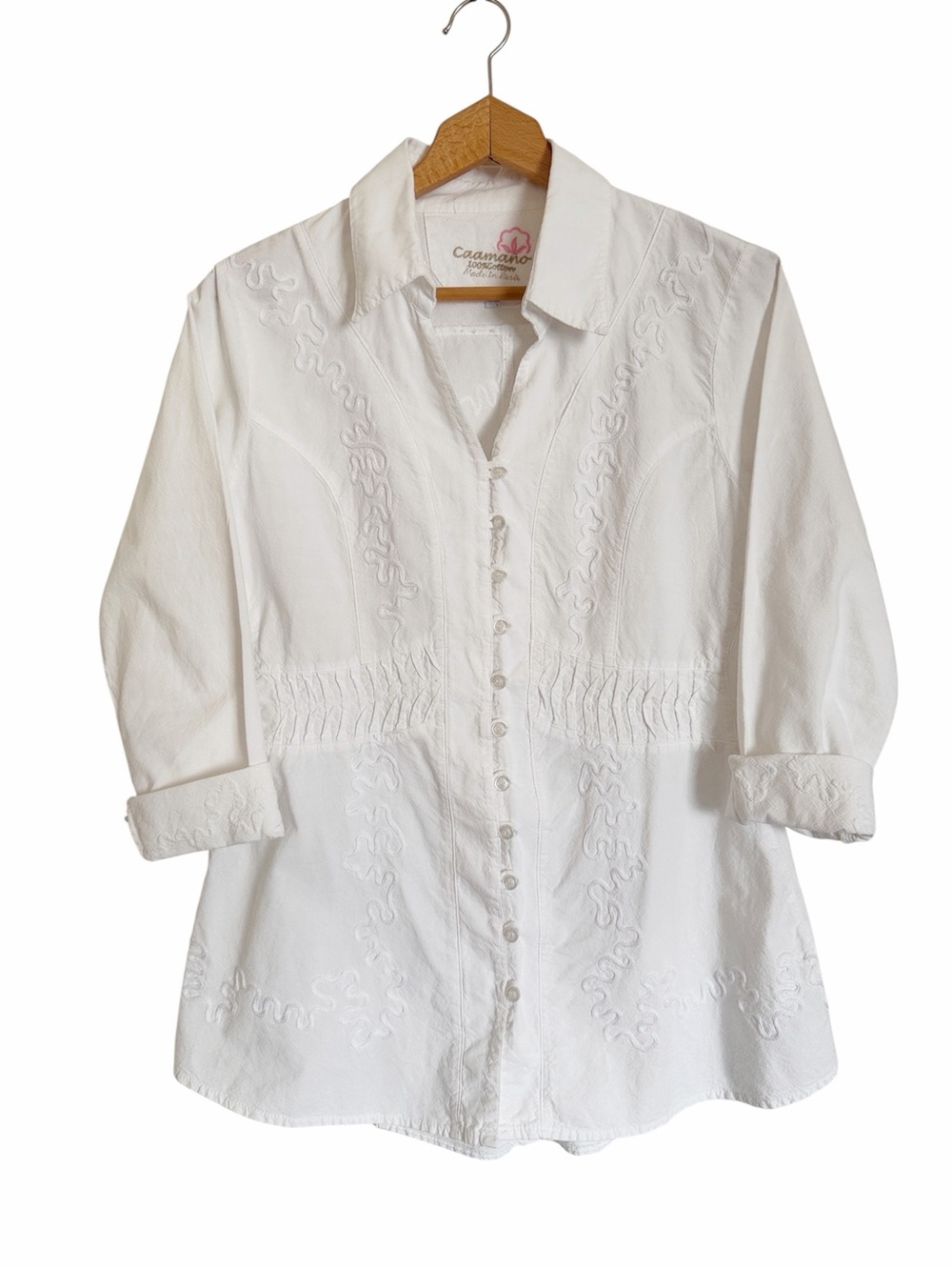 Caamano White Peruvian Cotton Embroidered Long Sleeve Blouse size M